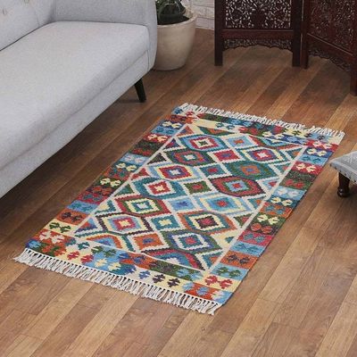 Alternate image for Handloomed Geometric-Patterned Blue Wool Area Rug 3x5 Oceanic Diamonds