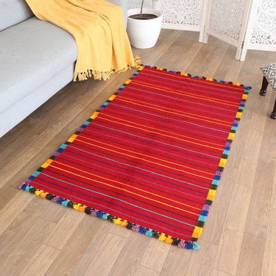 Alternate image for Indian Wool Area Rug with Colorful Striped Pattern 3x5 Vibrant Celebration