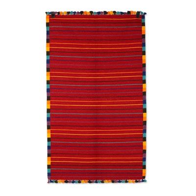 Alternate image for Indian Wool Area Rug with Colorful Striped Pattern 3x5 Vibrant Celebration