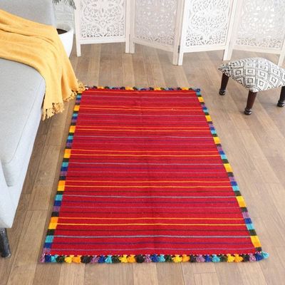 Alternate image for Indian Wool Area Rug with Colorful Striped Pattern 3x5 Vibrant Celebration