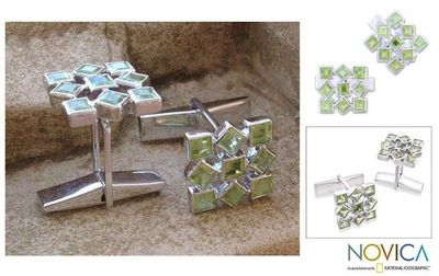 Primary image for Cufflinks Artisan Crafted Sterling Silver Peridot  Jigsaw Riddle