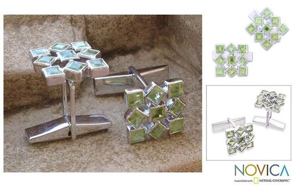 Alternate image for Cufflinks Artisan Crafted Sterling Silver Peridot  Jigsaw Riddle