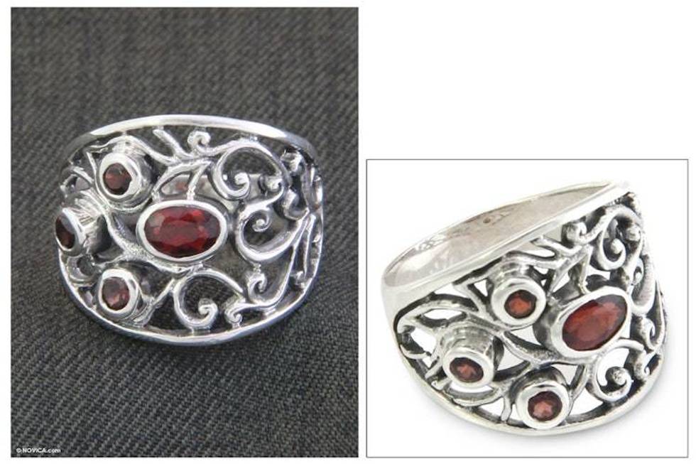 Sterling Silver and Garnet Ring from Indonesia 'Tree of Destiny'