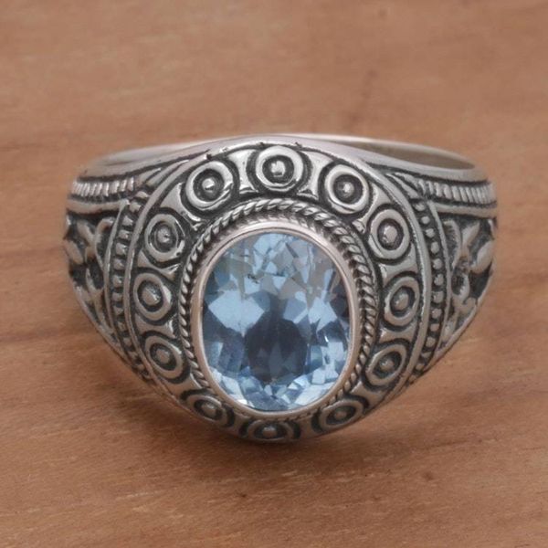 Alternate image for Blue Topaz and Sterling Silver Mens Ring from Bali Awakening Circles