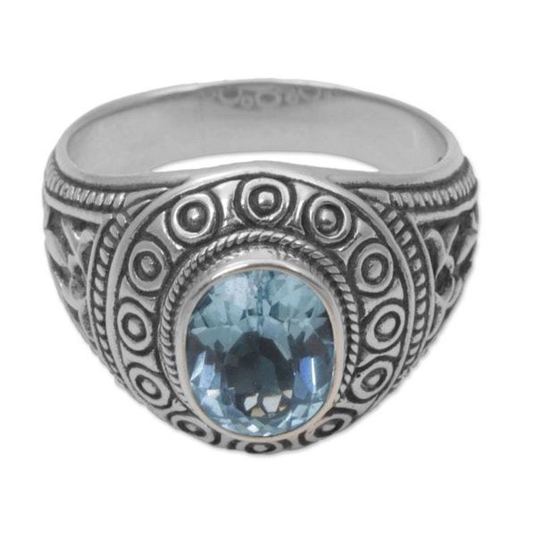 Alternate image for Blue Topaz and Sterling Silver Mens Ring from Bali Awakening Circles