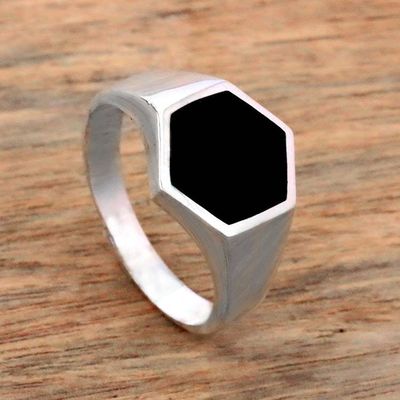 Primary image for Sterling Silver and Black Resin Hexagonal Signet Ring Bold Hex