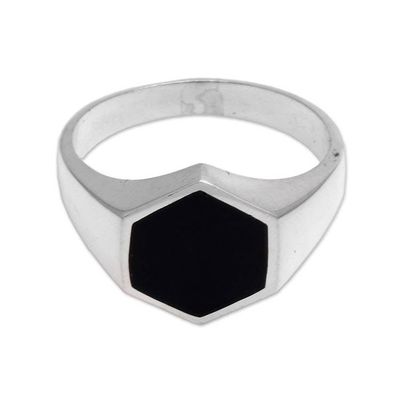 Alternate image for Sterling Silver and Black Resin Hexagonal Signet Ring Bold Hex