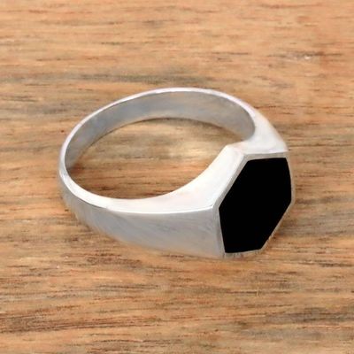 Alternate image for Sterling Silver and Black Resin Hexagonal Signet Ring Bold Hex