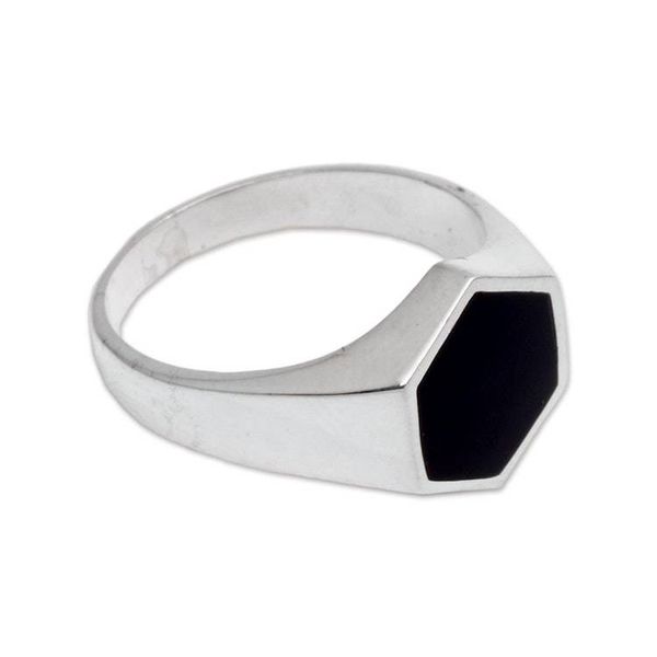 Alternate image for Sterling Silver and Black Resin Hexagonal Signet Ring Bold Hex