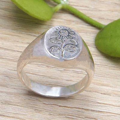 Primary image for Polished Sterling Silver Signet Ring with Sunflower Symbol Icon of Summer