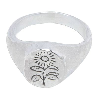 Alternate image for Polished Sterling Silver Signet Ring with Sunflower Symbol Icon of Summer