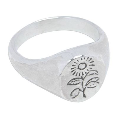 Alternate image for Polished Sterling Silver Signet Ring with Sunflower Symbol Icon of Summer
