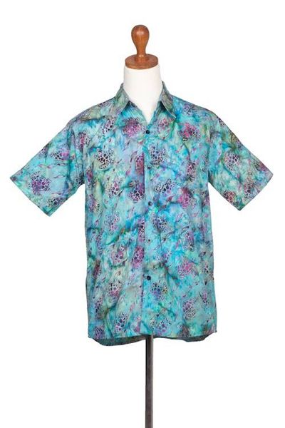 Alternate image for Mens Turtle-Themed Cotton Batik Shirt Handcrafted in Bali Ocean Majesty