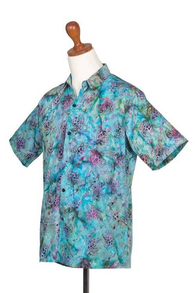 Alternate image for Mens Turtle-Themed Cotton Batik Shirt Handcrafted in Bali Ocean Majesty