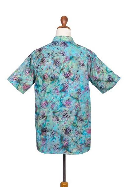 Alternate image for Mens Turtle-Themed Cotton Batik Shirt Handcrafted in Bali Ocean Majesty