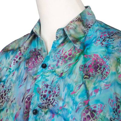 Alternate image for Mens Turtle-Themed Cotton Batik Shirt Handcrafted in Bali Ocean Majesty