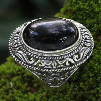 Alternate image for Ornate Handcrafted Onyx and Silver Bali Cocktail Ring Amed Eclipse