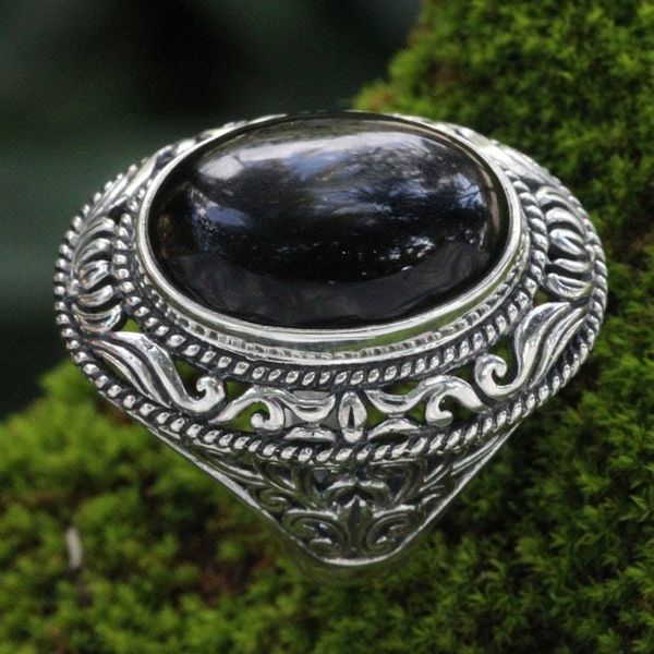 Alternate image for Ornate Handcrafted Onyx and Silver Bali Cocktail Ring Amed Eclipse