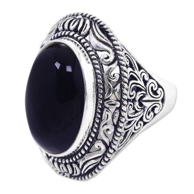 Alternate image for Ornate Handcrafted Onyx and Silver Bali Cocktail Ring Amed Eclipse