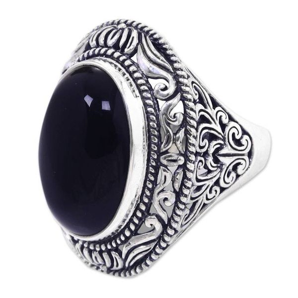 Alternate image for Ornate Handcrafted Onyx and Silver Bali Cocktail Ring Amed Eclipse