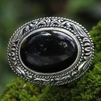Alternate image for Ornate Handcrafted Onyx and Silver Bali Cocktail Ring Amed Eclipse