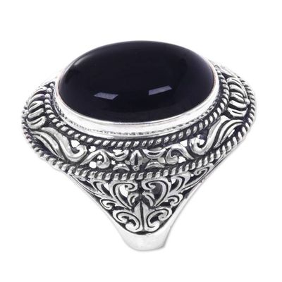 Alternate image for Ornate Handcrafted Onyx and Silver Bali Cocktail Ring Amed Eclipse