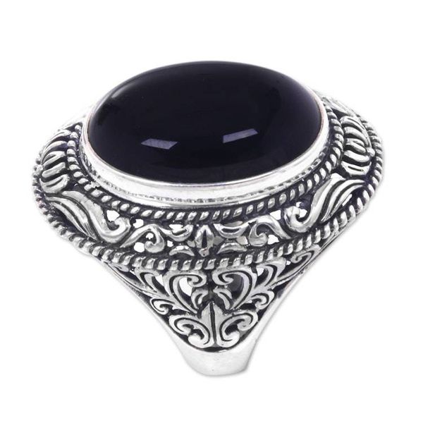 Alternate image for Ornate Handcrafted Onyx and Silver Bali Cocktail Ring Amed Eclipse