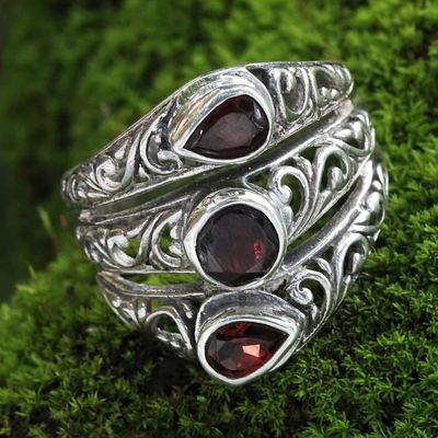 Alternate image for Three Stone Faceted Garnet and Silver Ring Crafted in Bali Three Loves