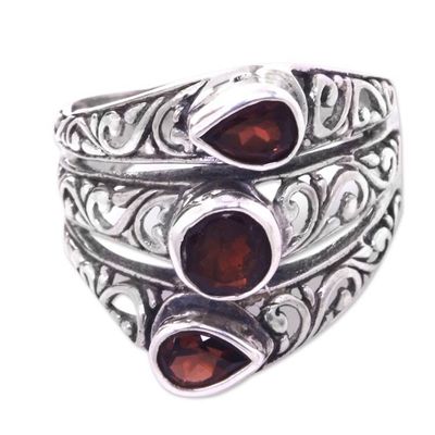 Alternate image for Three Stone Faceted Garnet and Silver Ring Crafted in Bali Three Loves