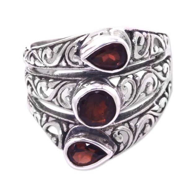 Alternate image for Three Stone Faceted Garnet and Silver Ring Crafted in Bali Three Loves