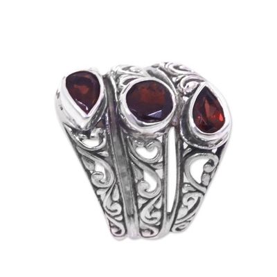Alternate image for Three Stone Faceted Garnet and Silver Ring Crafted in Bali Three Loves