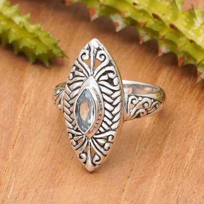 Alternate image for Blue Topaz Silver Cocktail Ring with Openwork Accents Scintillating Beauty