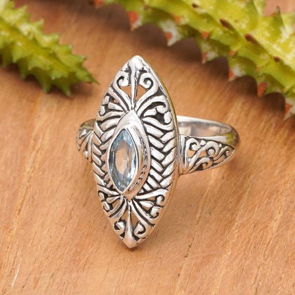 Alternate image for Blue Topaz Silver Cocktail Ring with Openwork Accents Scintillating Beauty