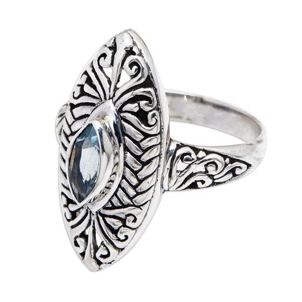 Alternate image for Blue Topaz Silver Cocktail Ring with Openwork Accents Scintillating Beauty