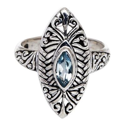 Alternate image for Blue Topaz Silver Cocktail Ring with Openwork Accents Scintillating Beauty
