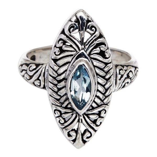 Alternate image for Blue Topaz Silver Cocktail Ring with Openwork Accents Scintillating Beauty