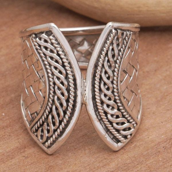 Alternate image for Sterling Silver Band Ring with Textured  Polished Finishes Woven Textures