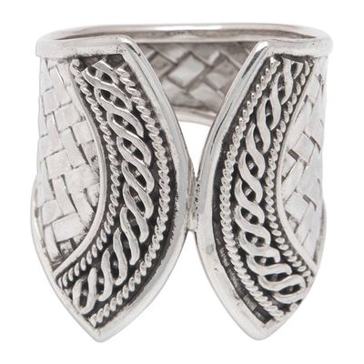 Alternate image for Sterling Silver Band Ring with Textured Polished Finishes Woven Textures