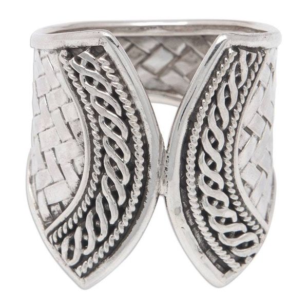 Alternate image for Sterling Silver Band Ring with Textured  Polished Finishes Woven Textures