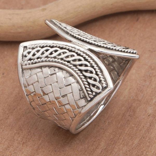 Alternate image for Sterling Silver Band Ring with Textured  Polished Finishes Woven Textures