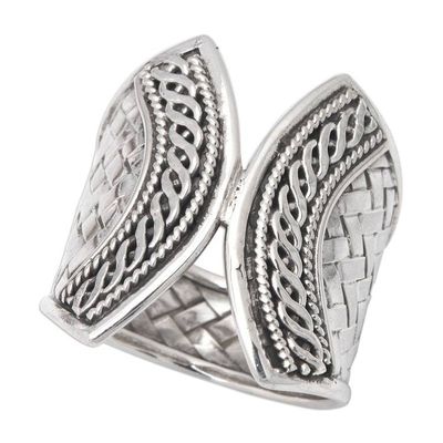 Alternate image for Sterling Silver Band Ring with Textured Polished Finishes Woven Textures