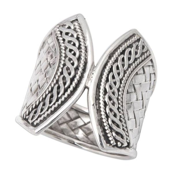 Alternate image for Sterling Silver Band Ring with Textured  Polished Finishes Woven Textures