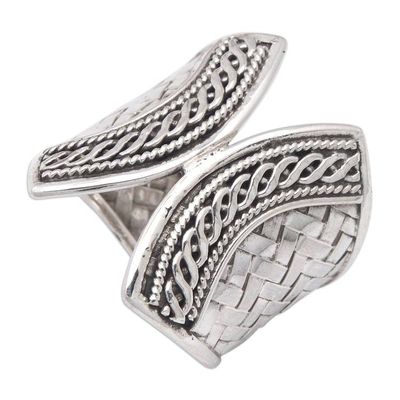 Alternate image for Sterling Silver Band Ring with Textured Polished Finishes Woven Textures