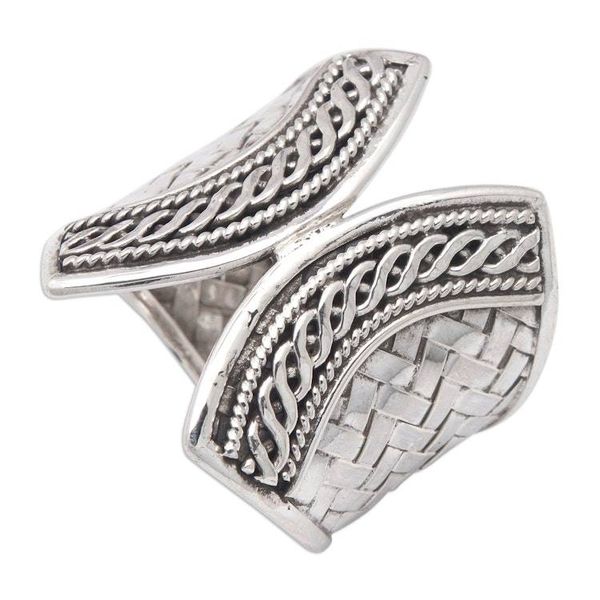 Alternate image for Sterling Silver Band Ring with Textured  Polished Finishes Woven Textures