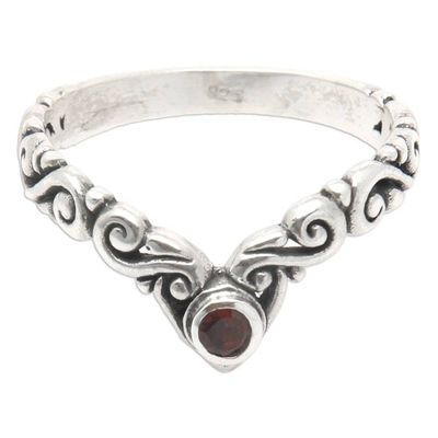 Alternate image for Garnet Sterling Silver Single Stone Ring with Balinese Motif Crown Melody