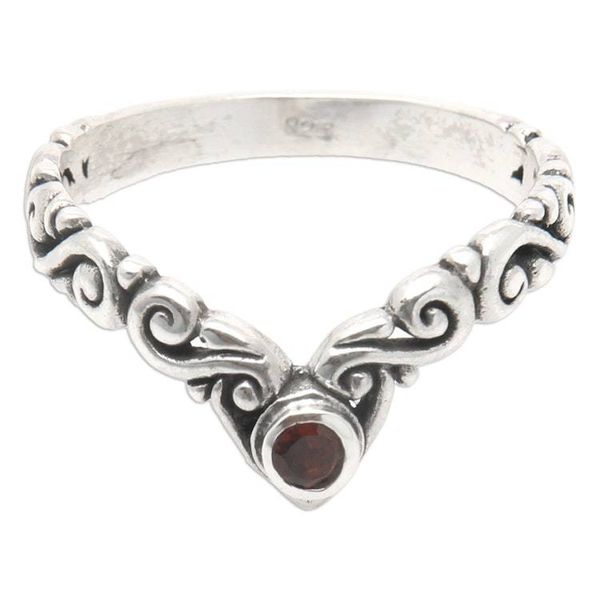 Alternate image for Garnet Sterling Silver Single Stone Ring with Balinese Motif Crown Melody