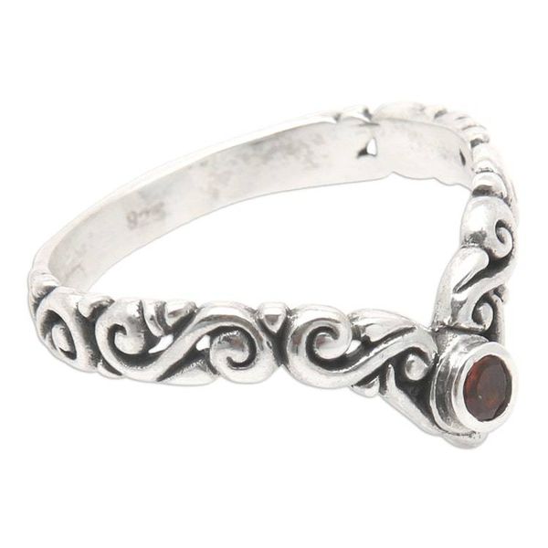 Alternate image for Garnet Sterling Silver Single Stone Ring with Balinese Motif Crown Melody