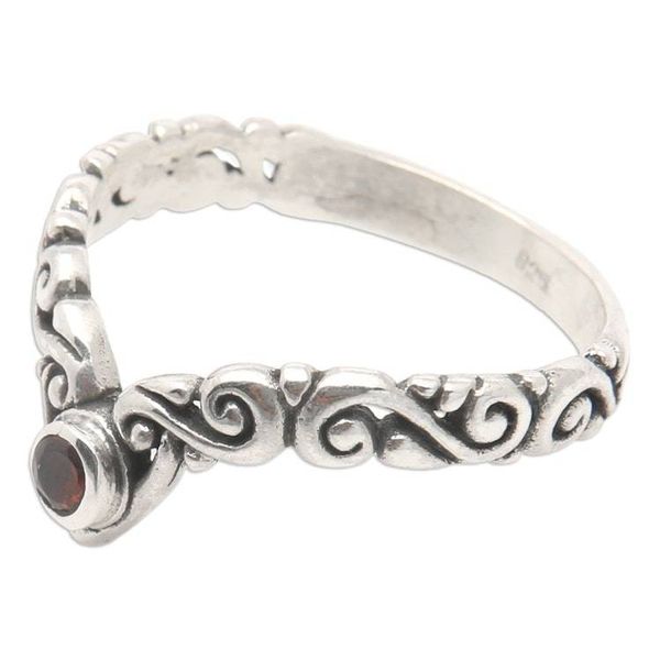 Alternate image for Garnet Sterling Silver Single Stone Ring with Balinese Motif Crown Melody
