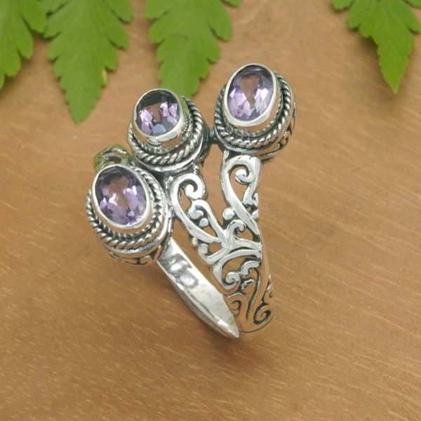 Alternate image for Polished Cocktail Ring with Three Faceted Amethyst Gems Wise Roots