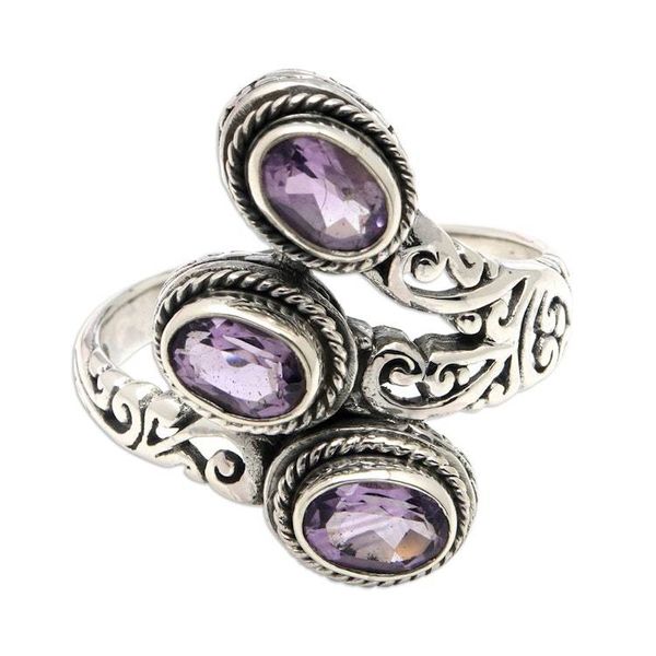 Alternate image for Polished Cocktail Ring with Three Faceted Amethyst Gems Wise Roots